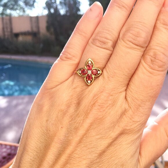 Tanzanian Ruby & White Zircon 9K Yellow Gold Ring Genuine Gemstones July - Picture 4 of 14